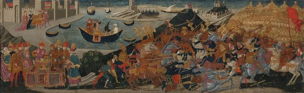 Pompey flees Pharsalus through the rear gate toward Larisa as Caesar pursues the broken legions to the mountain