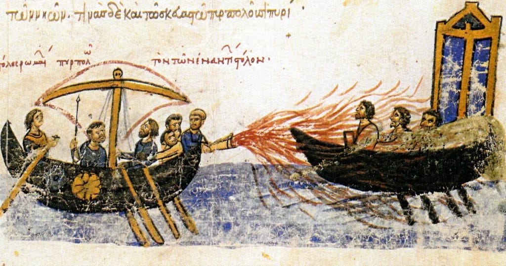 Byzantine dromons projecting Greek fire at Arab ships outside Constantinople