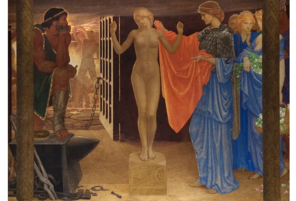 Pandora painting showing gods and gifts, inspired by Greek myth, Edwardian era