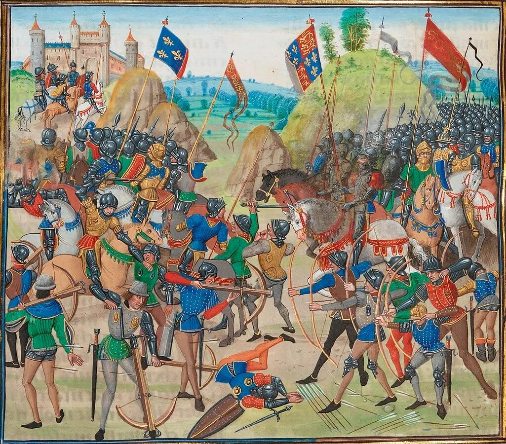 Battle of Crecy 1346 illumination crossbowmen longbowmen rain