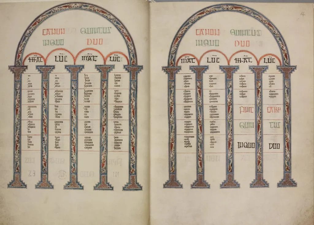 Lindisfarne Gospels canon table page with arches