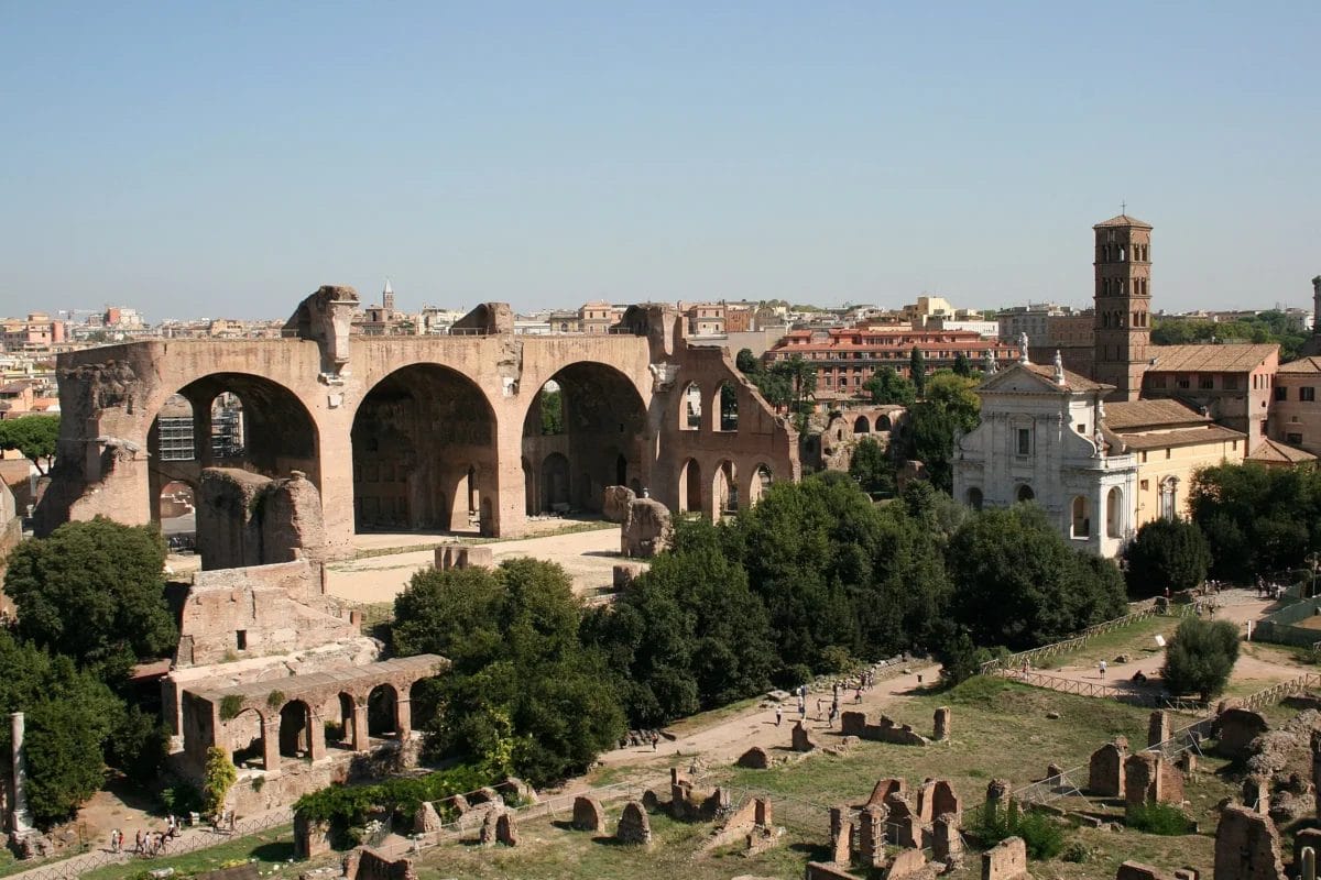 Basilica of Maxentius and Constantine massive concrete vaulted arches and coffered ceilings at edge of Roman Forum