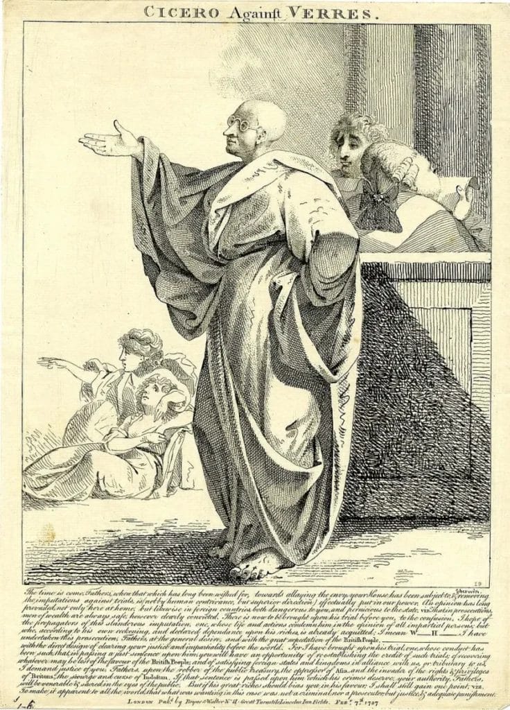 Cicero delivering an oration against Verres before Roman judges.