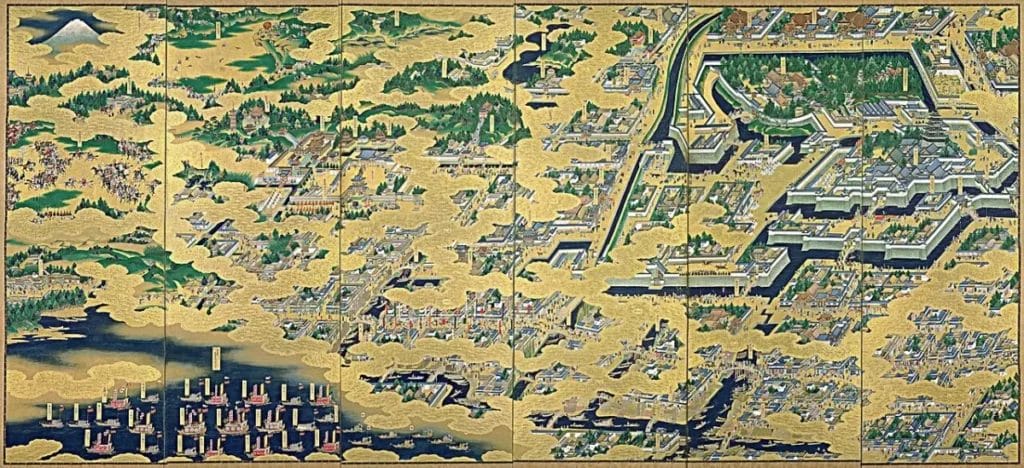 Edo city street scene with people, merchants, and architecture during Tokugawa era
