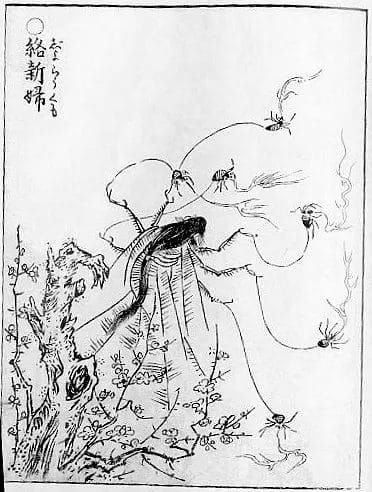Jorōgumo spider woman yokai from Toriyama Sekien encyclopedia showing traditional Edo period illustration