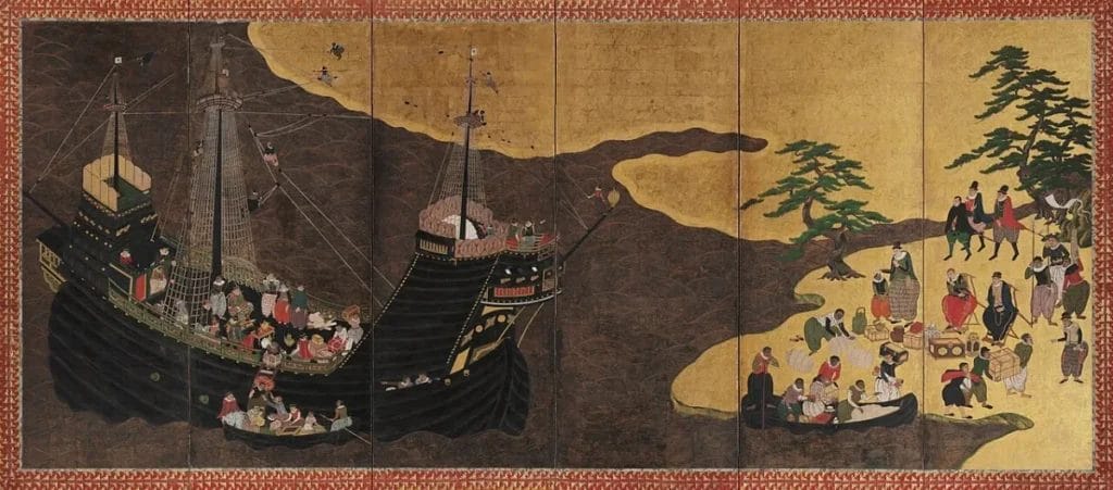 Portuguese traders arrive in Japan depicted on Nanban Byobu screen, European ship at Nagasaki