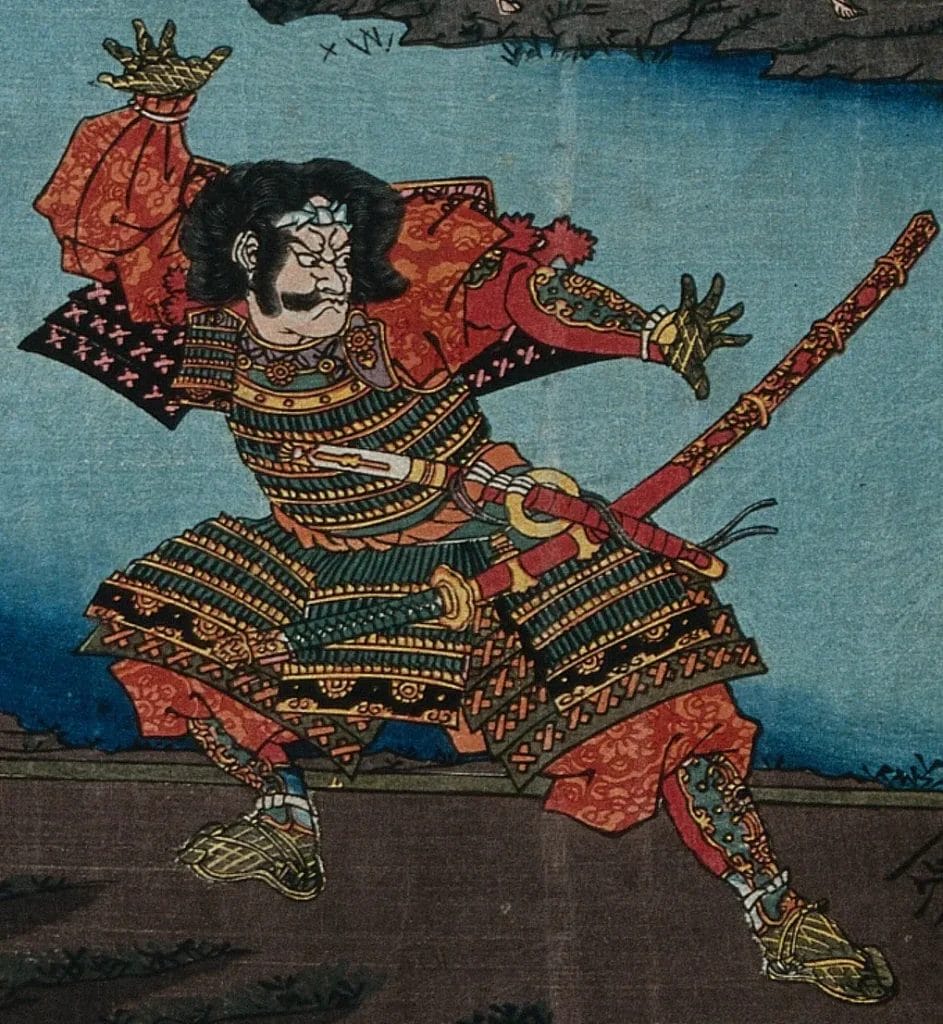 Detail from a Japanese woodblock print showing a samurai leaping into combat on a shoreline