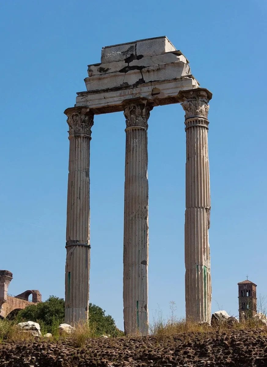 Temple of Castor and Pollux with three remaining Corinthian columns in Roman Forum