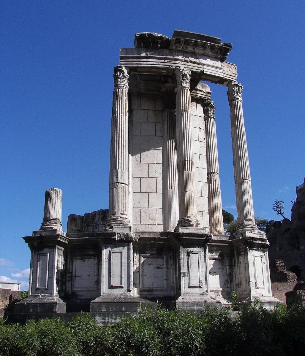Circular Temple of Vesta with remaining columns where sacred flame of Rome burned continuously