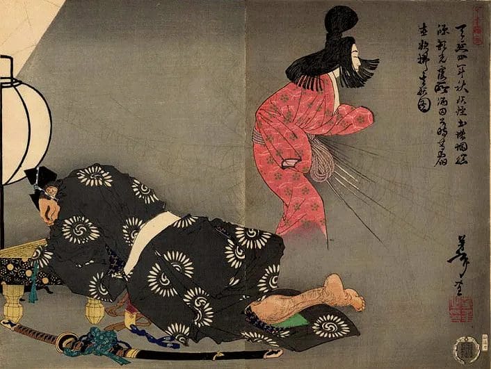Warrior Sakata Kintoki sleeping while spider yokai appears in traditional Japanese woodblock print style