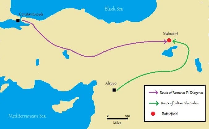 Military campaign map showing Byzantine and Seljuk troop movements leading to Battle of Manzikert 1071 in eastern Anatolia