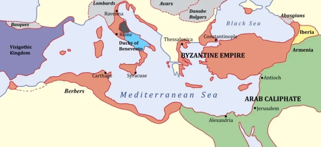 Map showing Byzantine Empire territorial contraction by 650 AD with losses to Arab expansion in Syria Egypt