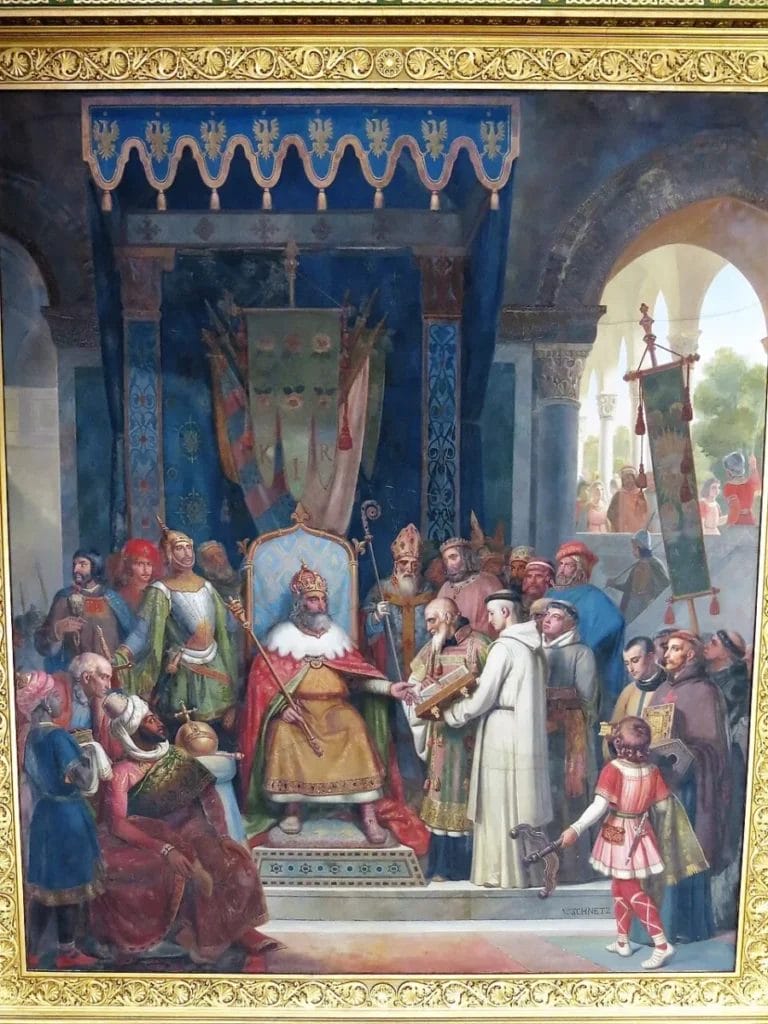 Charlemagne surrounded by court officers receiving scholar Alcuin presenting manuscripts copied by monks in painting