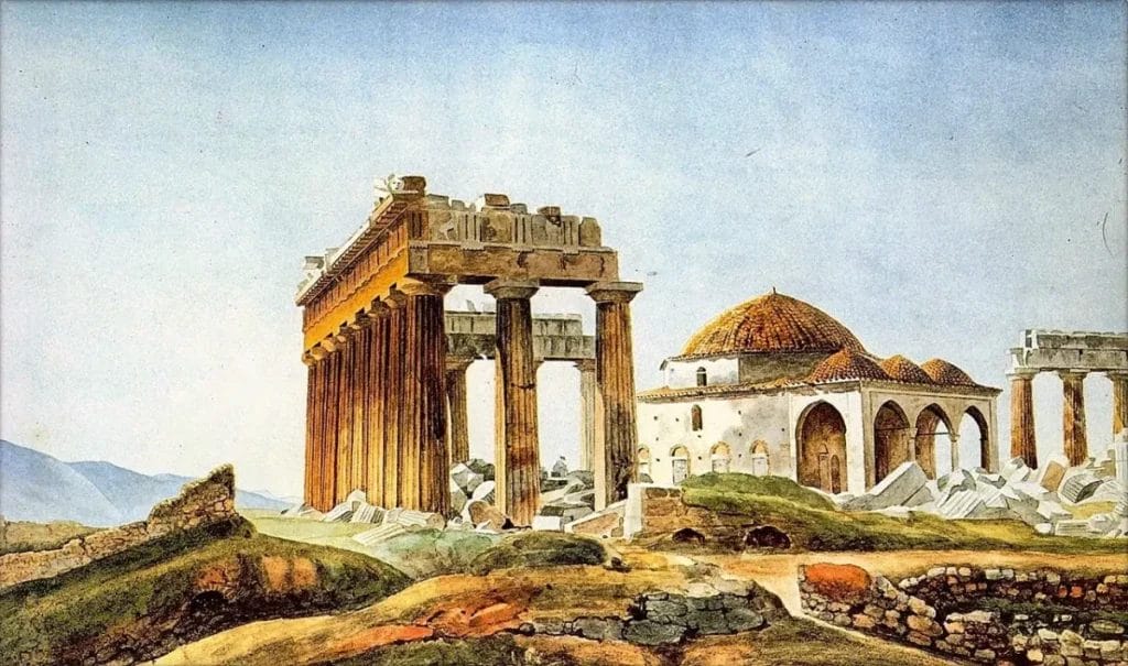 Watercolor view of a small mosque standing inside the ruined Parthenon colonnade