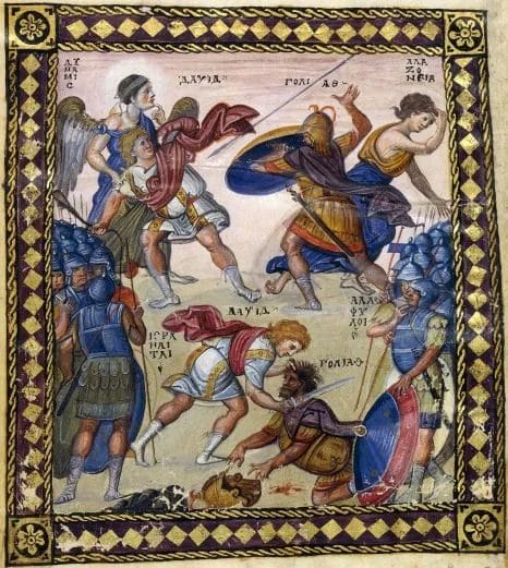 Byzantine illuminated manuscript page showing David and Goliath with gold background and Greek text from Paris Psalter