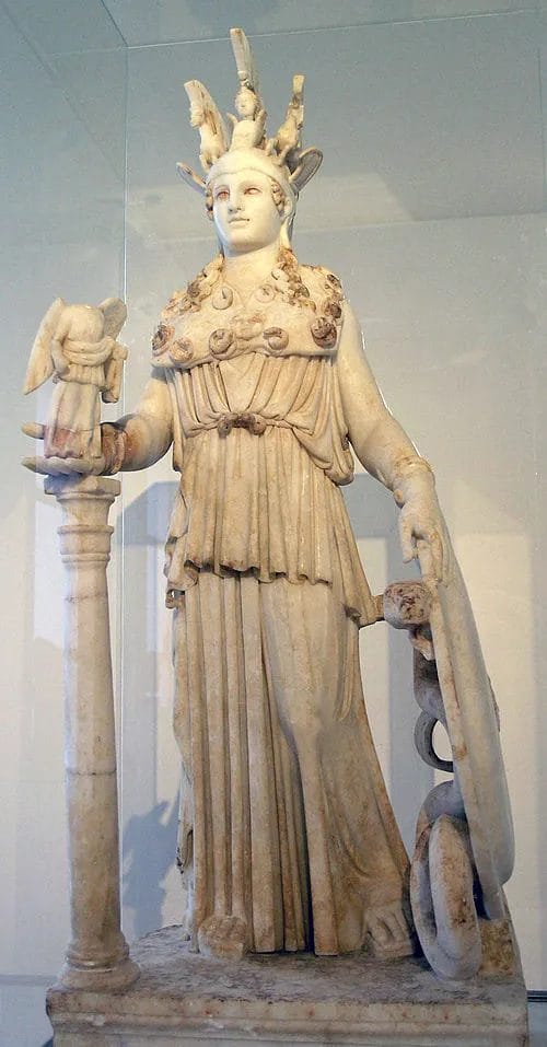 Small Roman replica of Athena Parthenos with helmet, shield, and Victory figure