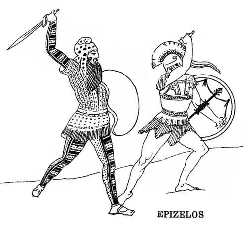 Epizelus fighting a Persian at Marathon in the Stoa Poikile reconstitution of the famous Athenian scene