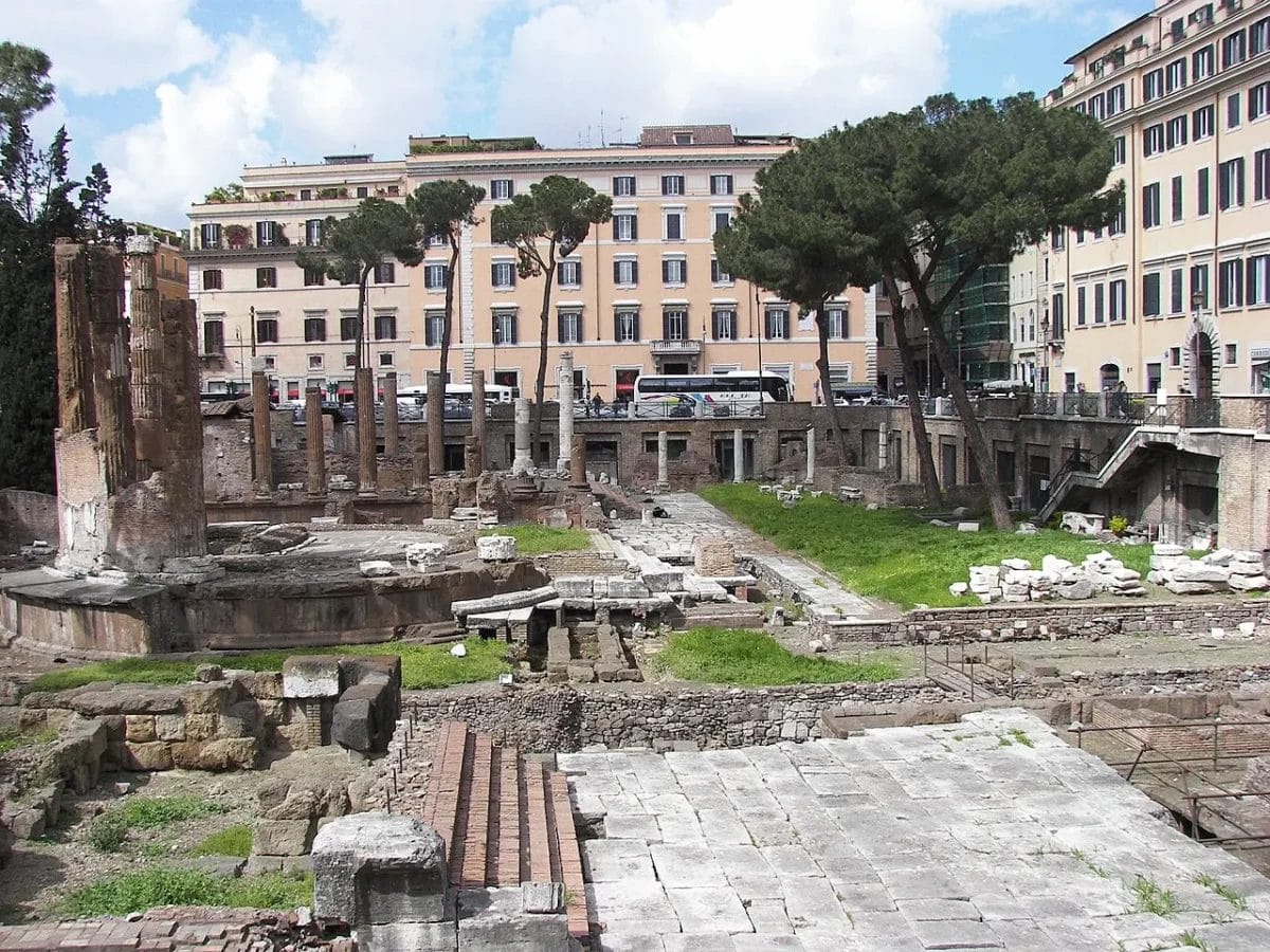 The four Republican-era temple ruins at Largo di Torre Argentina in Rome seen from street level above the excavation, sights to see in Rome