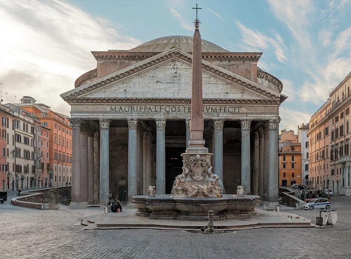 The Pantheon in Rome with its granite column portico and inscription from Marcus Agrippa, sights to see in Rome