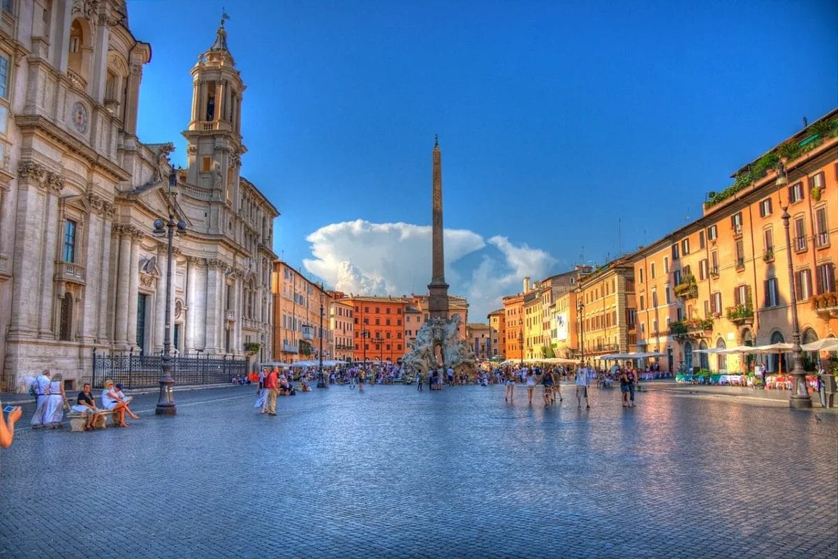 Bernini's Fountain of the Four Rivers in Piazza Navona Rome with the obelisk rising from a hollow rock base, sights to see in Rome