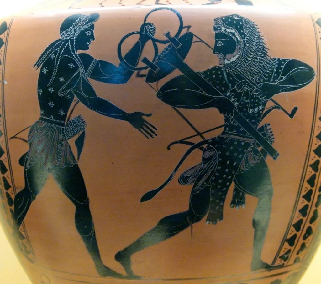 Attic black-figure hydria showing Herakles and Apollo struggling over the Delphic tripod around 520 BC