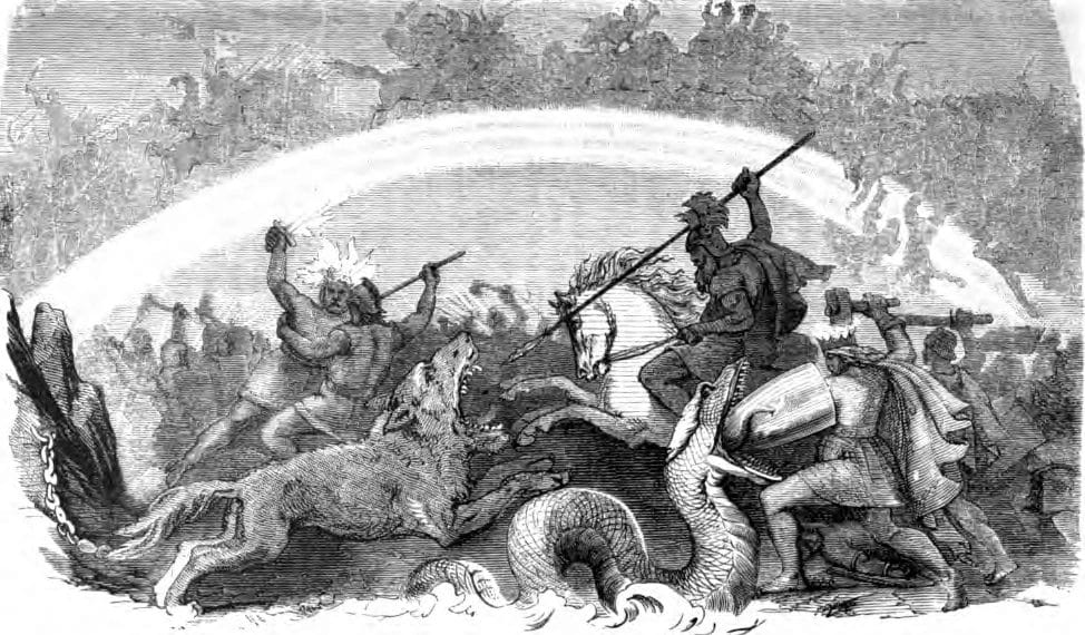 A turbulent panoramic scene of armoured figures battling amid flame and chaos, with towering dark beings wielding weapons against a burning sky