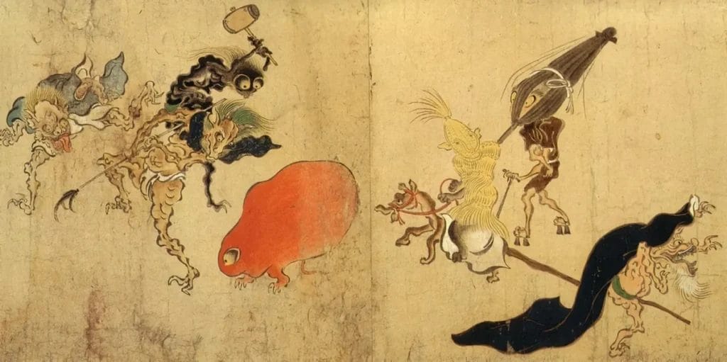 Animated old tools with faces, arms, and legs gather as Tsukumogami in medieval Japanese yōkai art