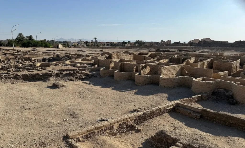 Mudbrick walls at Aten in Luxor show the ancient Egyptian city uncovered on the west bank