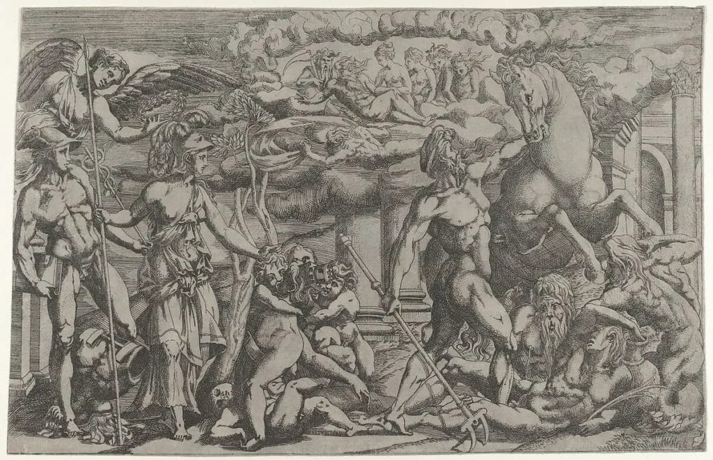 Athena and Poseidon contest with the horse, olive tree, gods in judgment, and Athena crowned victorious
