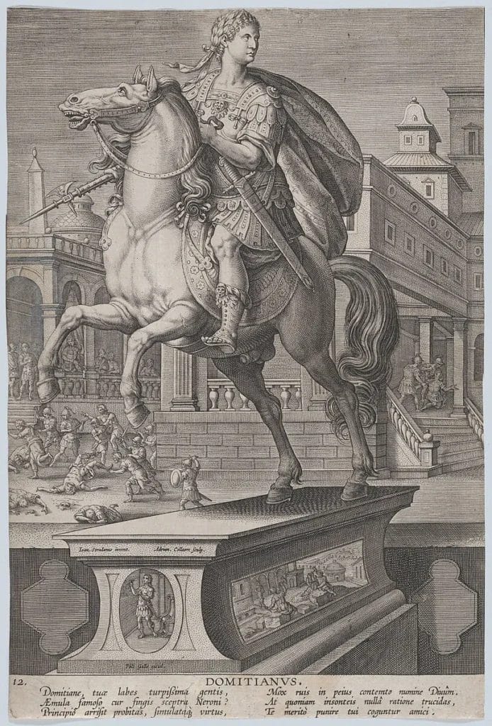 Domitian appears on horseback with his stabbing death shown nearby, linking palace conspiracy to imperial rule