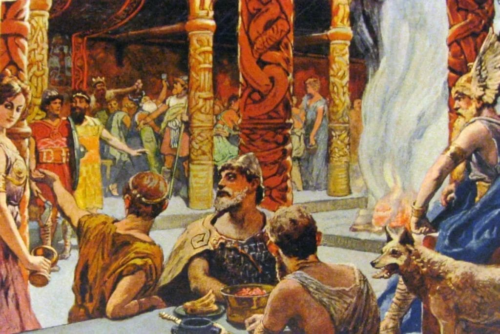Einherjar sit at a feast in Valhalla while valkyries serve them and Odin presides nearby