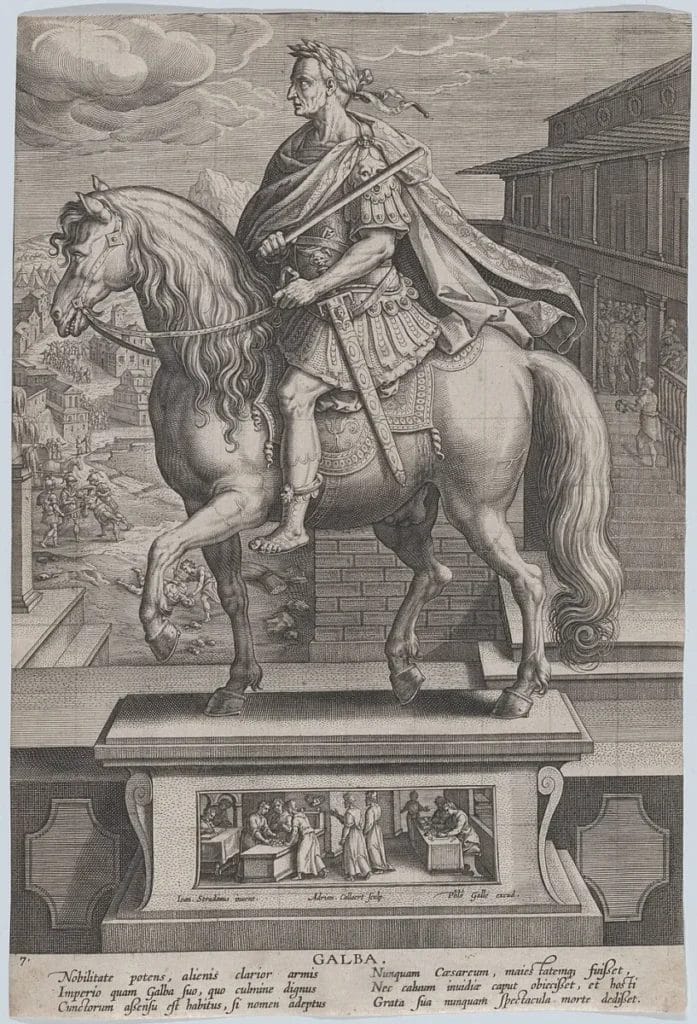Galba appears on horseback with a beheading scene behind him, evoking his murder after losing soldiers