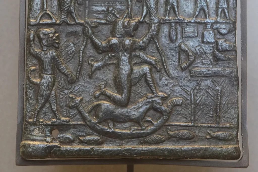 Bronze Lamashtu plaque with divine symbols, demons, sickbed ritual, Pazuzu, offerings, and protective imagery