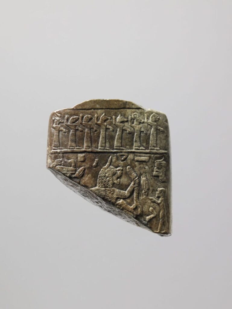 Lamashtu conjuration plaque with a patient on a bed, Pazuzu, offerings, demons, and protective cuneiform