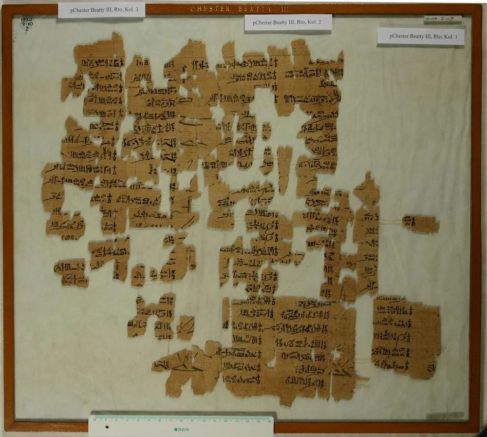 Egyptian Dream Book papyrus with hieratic columns later reused by Qenherkhepshef on the reverse