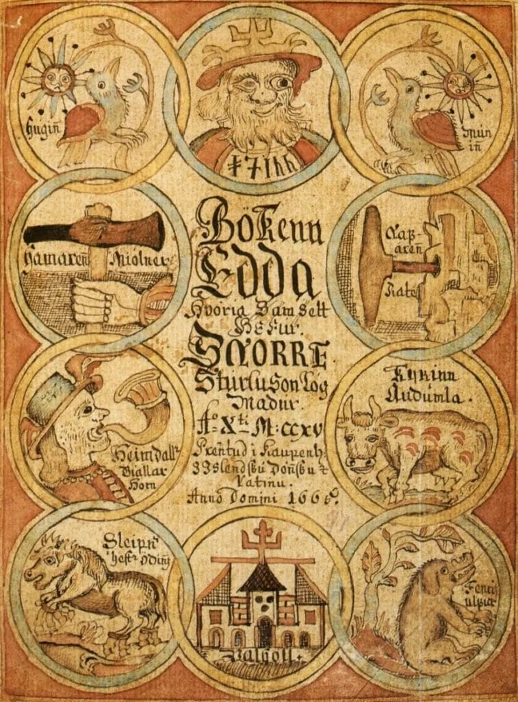 Prose Edda manuscript title page representing one of the two medieval sources for Ratatoskr