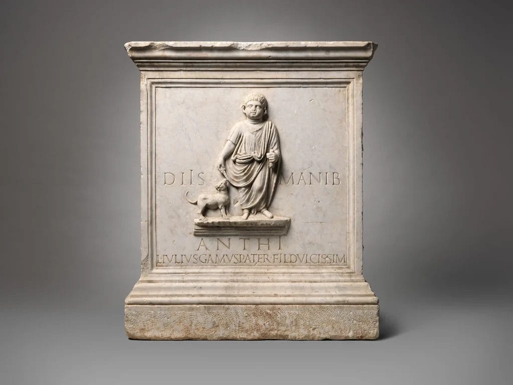 Roman child stands with his pet dog, showing how ancient Roman pets could appear in mourning art