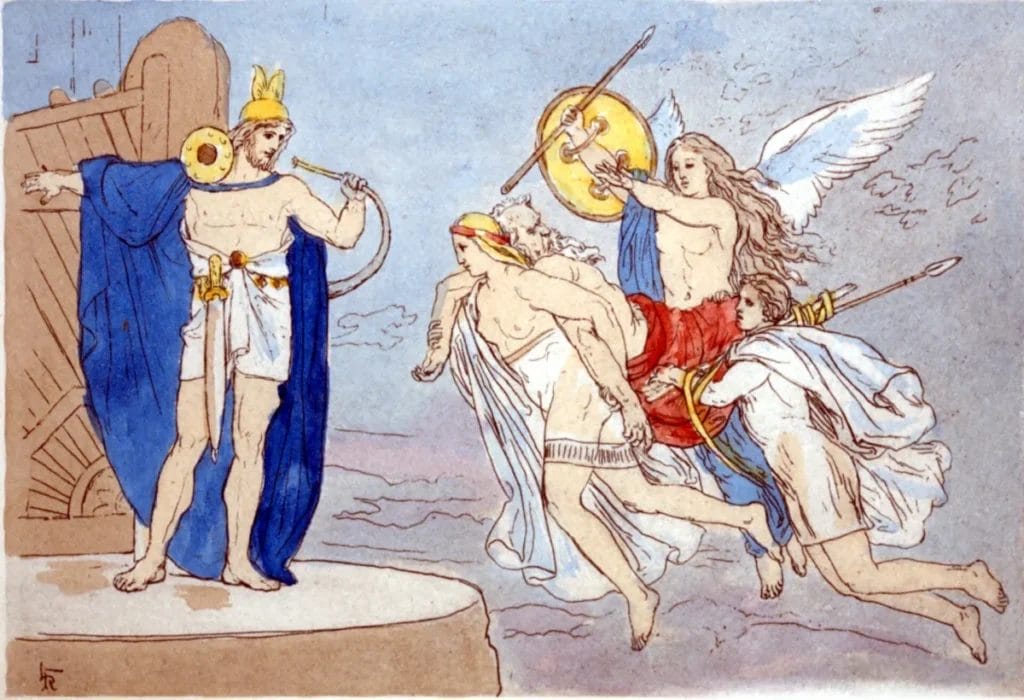 Valkyries carry a fallen warrior toward Valhalla as Heimdallr waits to receive them