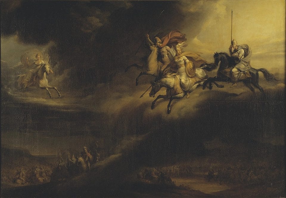 Valkyries ride down over a battlefield to choose slain warriors for Valhalla and Odin’s hall